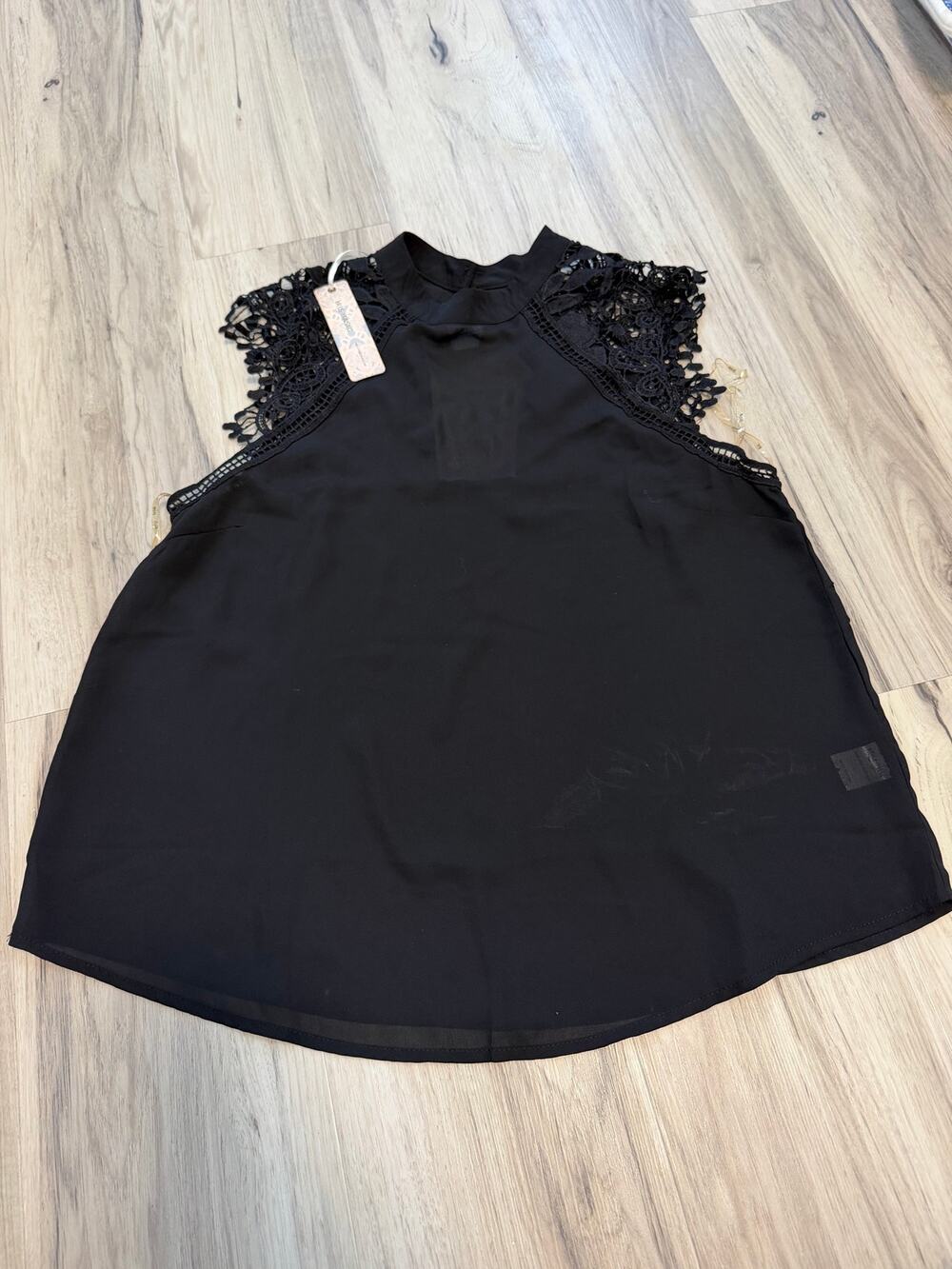 NWT Iris Size Large High Neck Black Sheer Blouse Lace Sleeves Goth Coquette